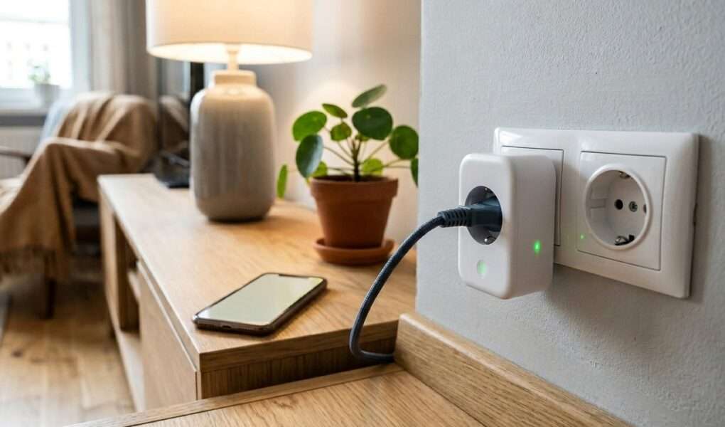 kabel podłączony do smart gniazdka w salonie